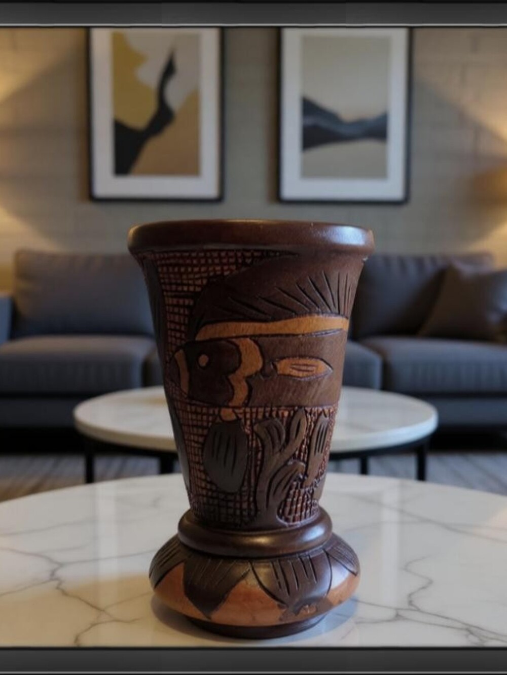 Hand Carved Wooden Decorative Goblet Vase Folk Art Wood Sculpture
